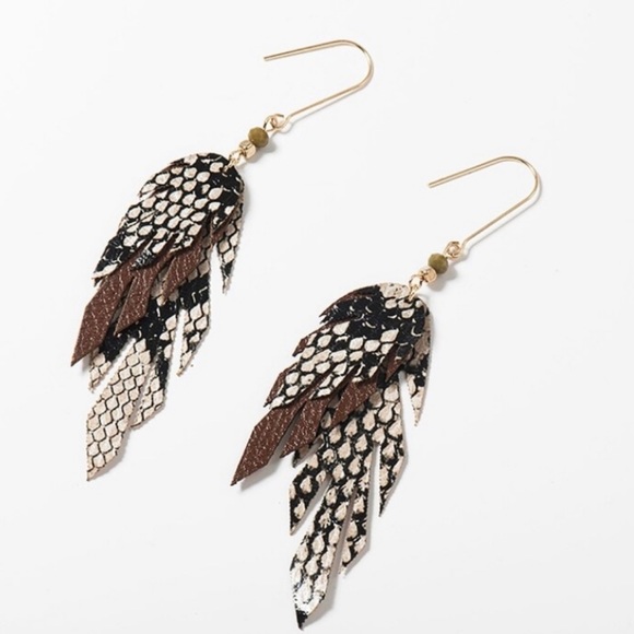 Artisan Fall Leather Feather Dangle Earrings Brown - Picture 2 of 8